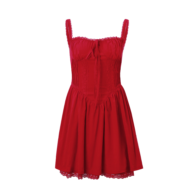 Women's Red Corset Mini Dress with Puff Skirt & Adjustable Straps - Image 5